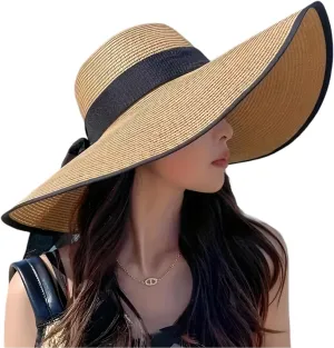 1pc Extra Large Brim Bow Decor Sun Hat – Foldable UV Protection Beach Hat with Wide Brim & Ribbon Bow