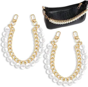 2 Pcs 9.45" Pearl Purse Chain Short Handle Replacement Bag Chain Strap Metal Shoulder Chain Imitation Pearl Handbag Chain Accessories for Purse Bags Women (Gold)