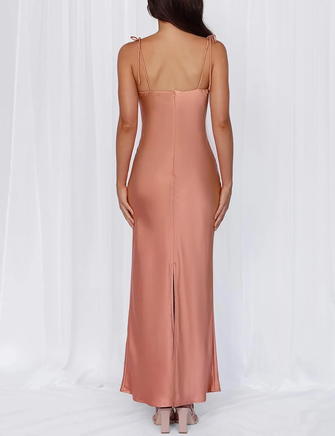 2025 Satin Cowl Neck Spaghetti Strap Slip Maxi Dress for Women Tie Strap Formal Wedding Guest Dresses with Slit