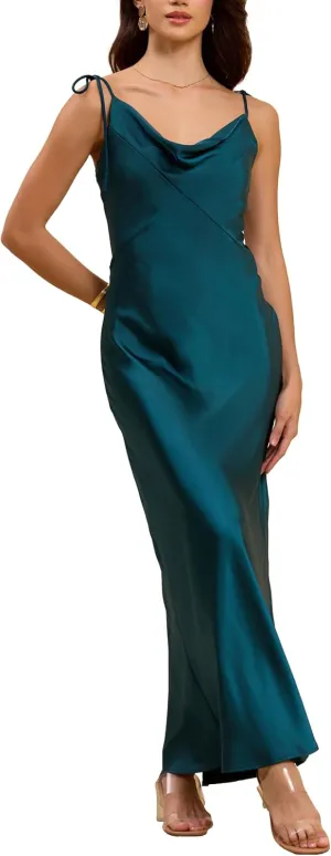 2025 Satin Cowl Neck Spaghetti Strap Slip Maxi Dress for Women Tie Strap Formal Wedding Guest Dresses with Slit
