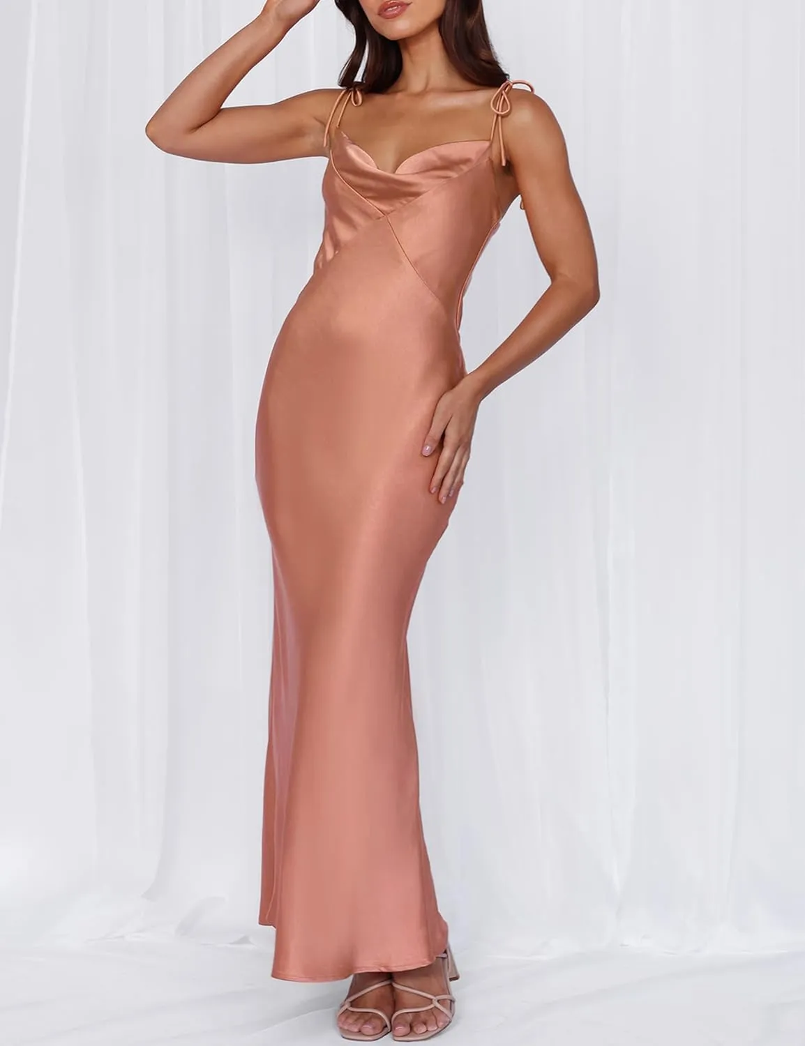 2025 Satin Cowl Neck Spaghetti Strap Slip Maxi Dress for Women Tie Strap Formal Wedding Guest Dresses with Slit