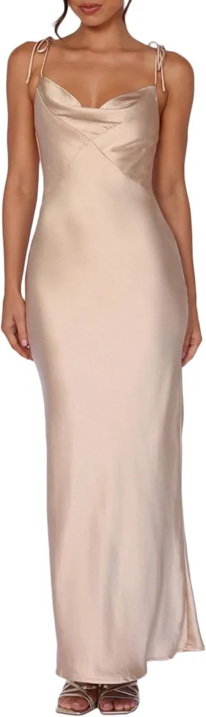 2025 Satin Cowl Neck Spaghetti Strap Slip Maxi Dress for Women Tie Strap Formal Wedding Guest Dresses with Slit