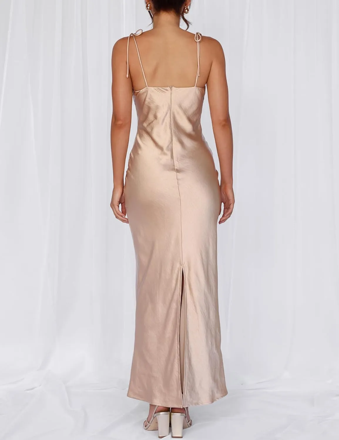 2025 Satin Cowl Neck Spaghetti Strap Slip Maxi Dress for Women Tie Strap Formal Wedding Guest Dresses with Slit