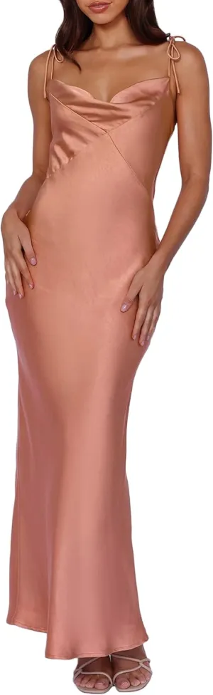 2025 Satin Cowl Neck Spaghetti Strap Slip Maxi Dress for Women Tie Strap Formal Wedding Guest Dresses with Slit