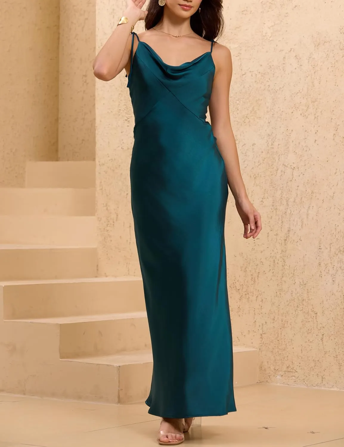 2025 Satin Cowl Neck Spaghetti Strap Slip Maxi Dress for Women Tie Strap Formal Wedding Guest Dresses with Slit