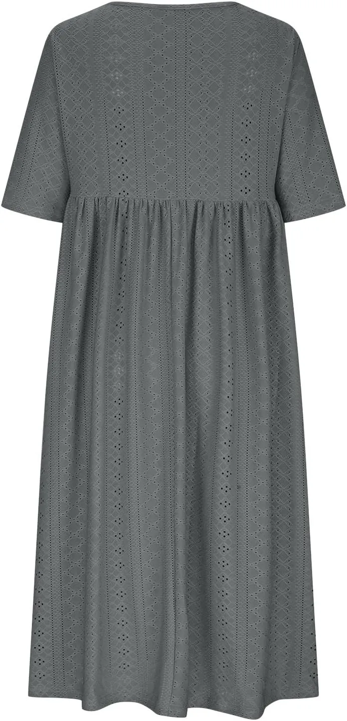 2025 Summer Dress for Womens Dressy Casual Sundress Hollow Out Eyelet Embroidery Maxi Dress Petal Sleeve Beach Dresses