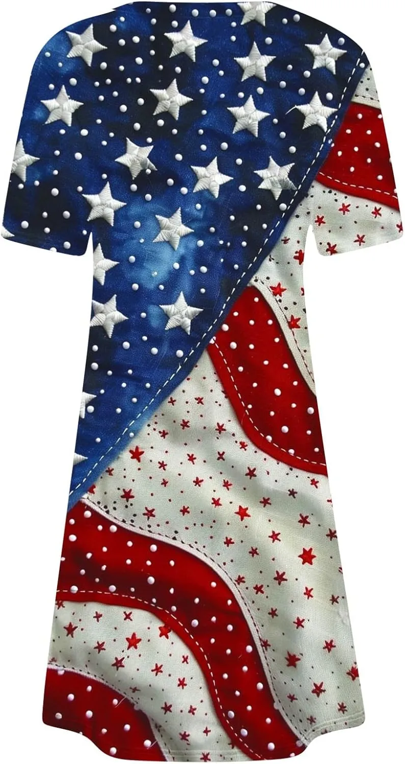 4th of July Summer Dresses for Women,Short Sleeve Crewneck Shirt Dress,Loose Casual Flowy Short Dress