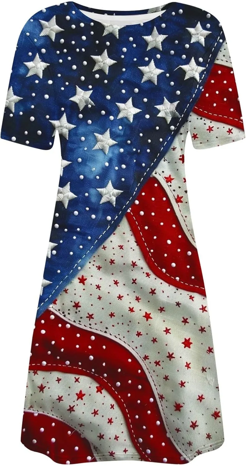 4th of July Summer Dresses for Women,Short Sleeve Crewneck Shirt Dress,Loose Casual Flowy Short Dress
