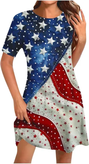 4th of July Summer Dresses for Women,Short Sleeve Crewneck Shirt Dress,Loose Casual Flowy Short Dress