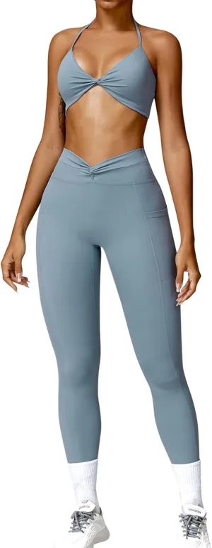 ABOCIW Workout Sets for Women 2 Piece Outfits Twist Waist High Waist Leggings with Pockets Halter Twist Front Sports Bra Gym Sets Twist Blue Gray X-Large