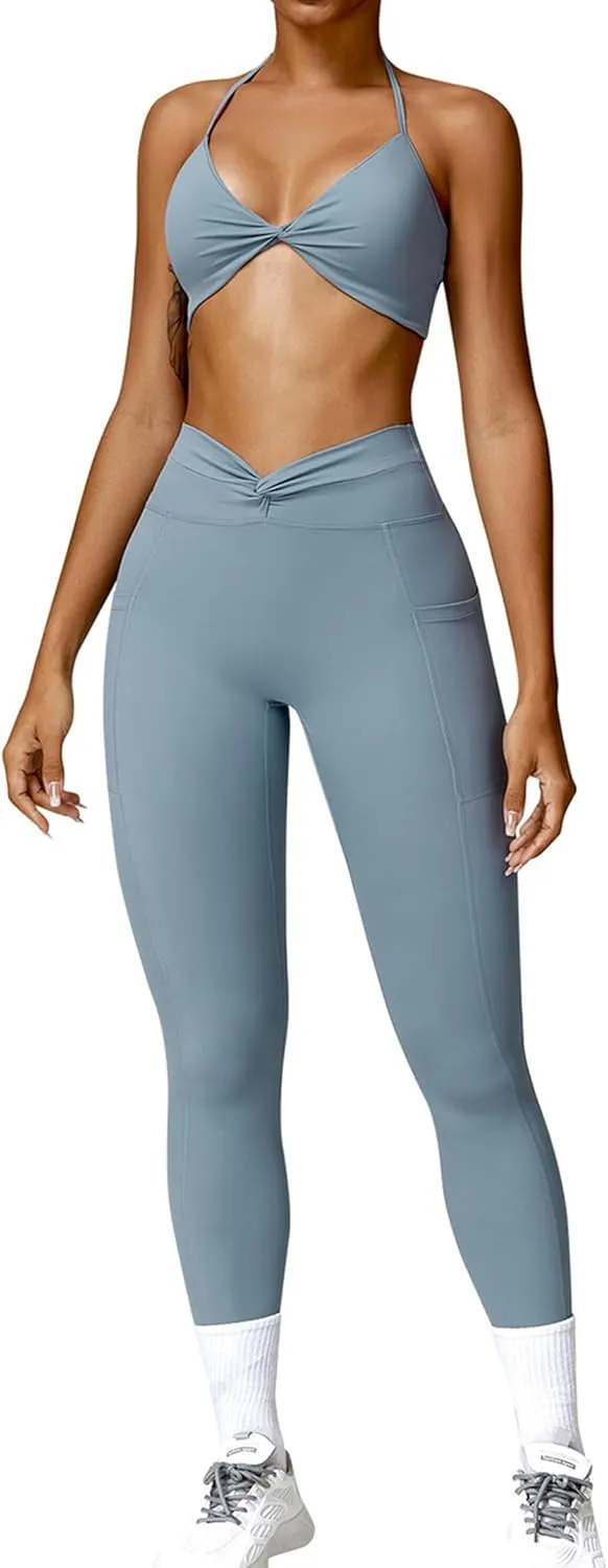 ABOCIW Workout Sets for Women 2 Piece Outfits Twist Waist High Waist Leggings with Pockets Halter Twist Front Sports Bra Gym Sets Twist Blue Gray X-Large