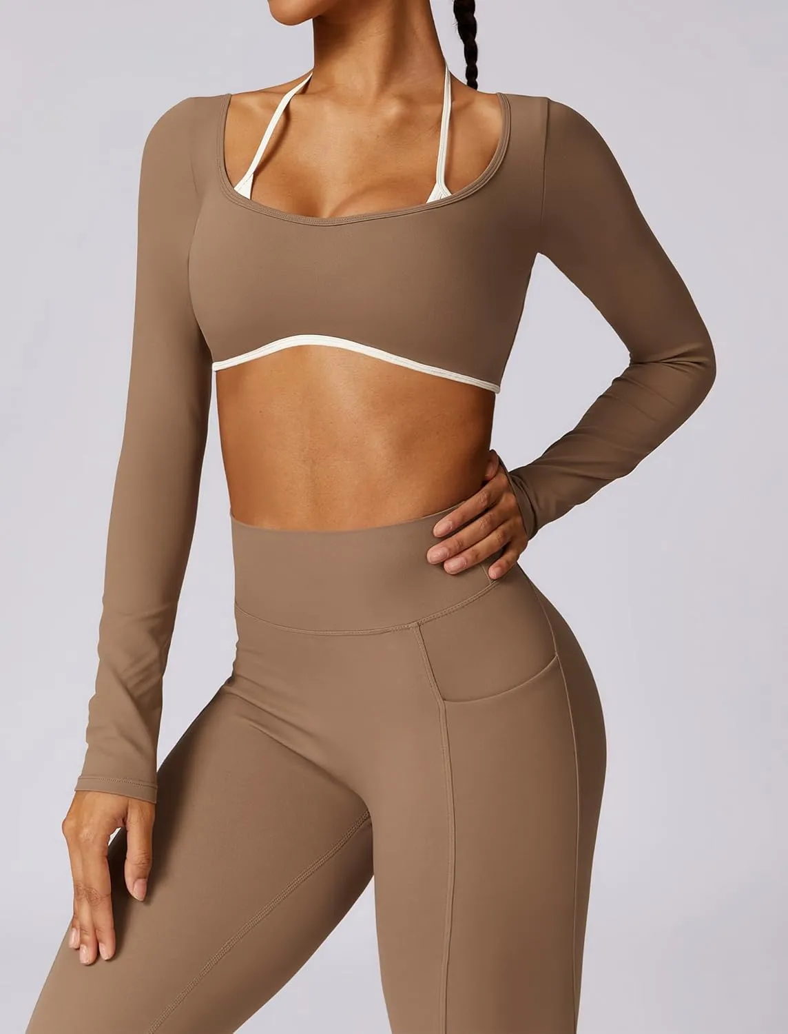ABOCIW Workout Sets for Women Halter Long Sleeve Crop Top V Nack Scrunch Butt High Waist Leggings with Pocket