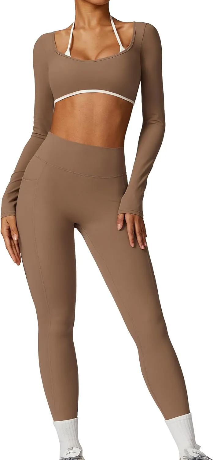 ABOCIW Workout Sets for Women Halter Long Sleeve Crop Top V Nack Scrunch Butt High Waist Leggings with Pocket