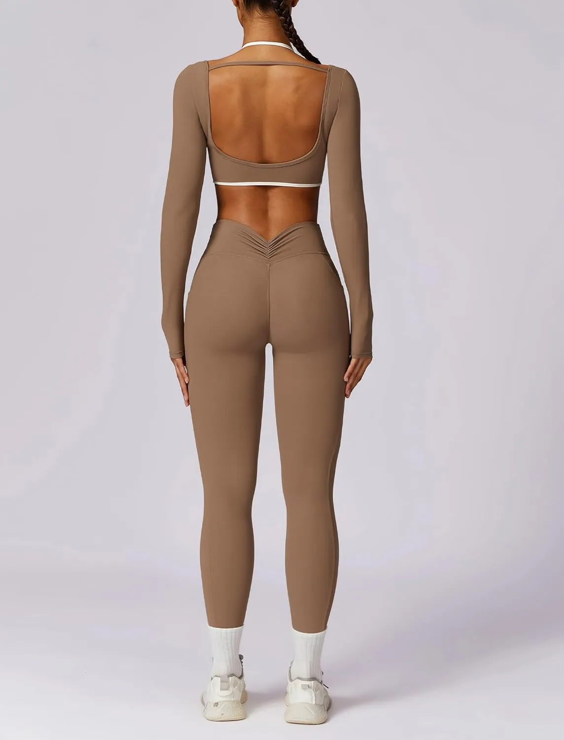 ABOCIW Workout Sets for Women Halter Long Sleeve Crop Top V Nack Scrunch Butt High Waist Leggings with Pocket