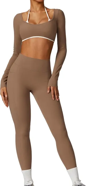 ABOCIW Workout Sets for Women Halter Long Sleeve Crop Top V Nack Scrunch Butt High Waist Leggings with Pocket
