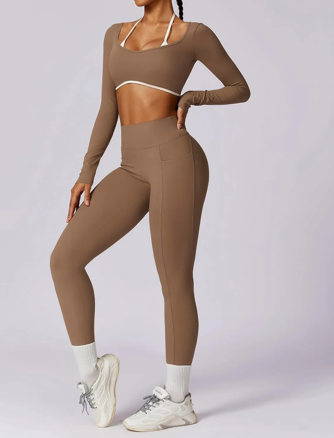 ABOCIW Workout Sets for Women Halter Long Sleeve Crop Top V Nack Scrunch Butt High Waist Leggings with Pocket