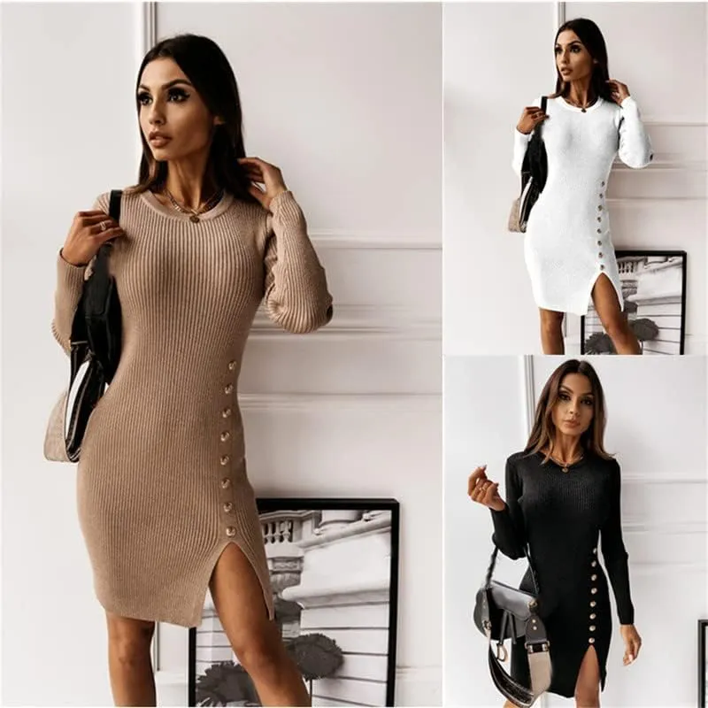 Andongnywell Women's Long Sleeve Sexy Bodycon Mini Dress Slit Dress with Buttons Detail Bodycon Dresses