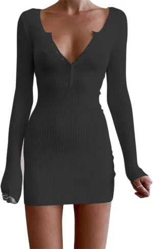 Andongnywell Women's Long Sleeve Sexy Bodycon Mini Dress Slit Dress with Buttons Detail Bodycon Dresses