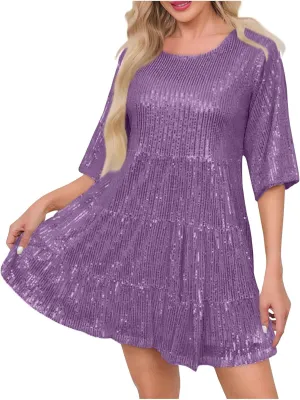 Azeralia Womens Summer Dress Short Sleeve A-Line Double Layer Hem Mini Dresses Elegant Sequin Sparkle Party Dress