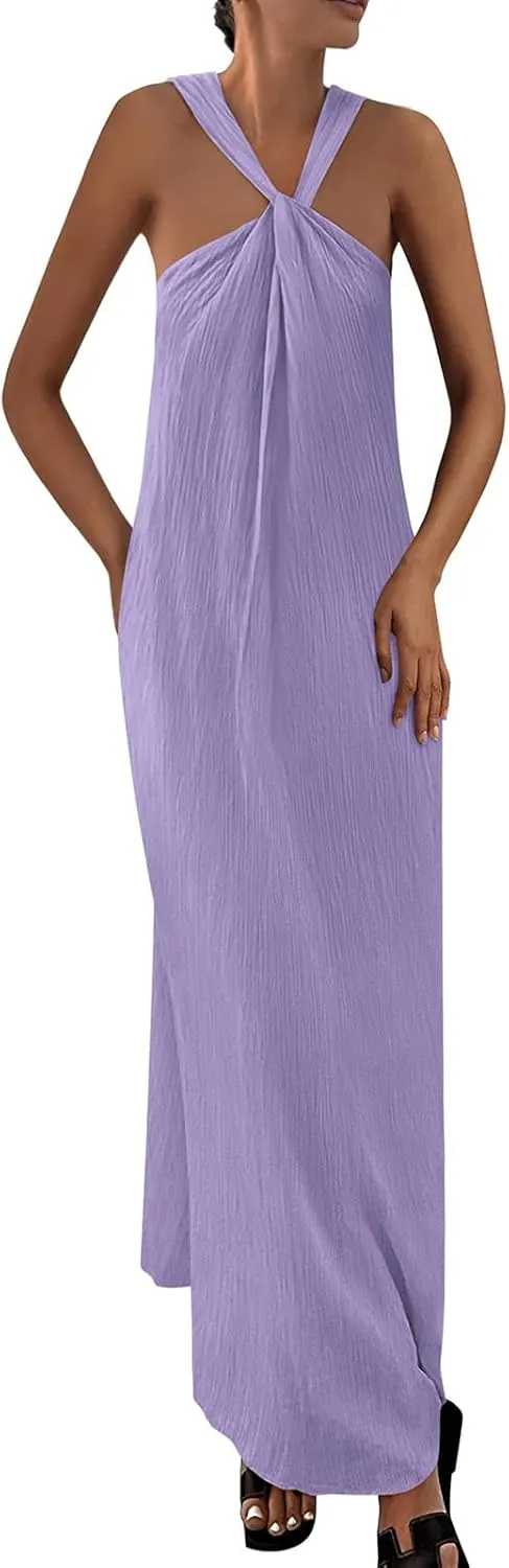 Beach Dress for Women Criss Cross Sleeveless Strappy Dress Casual Summe Flowy Maxi Dresses Loose Halterneck Dresses