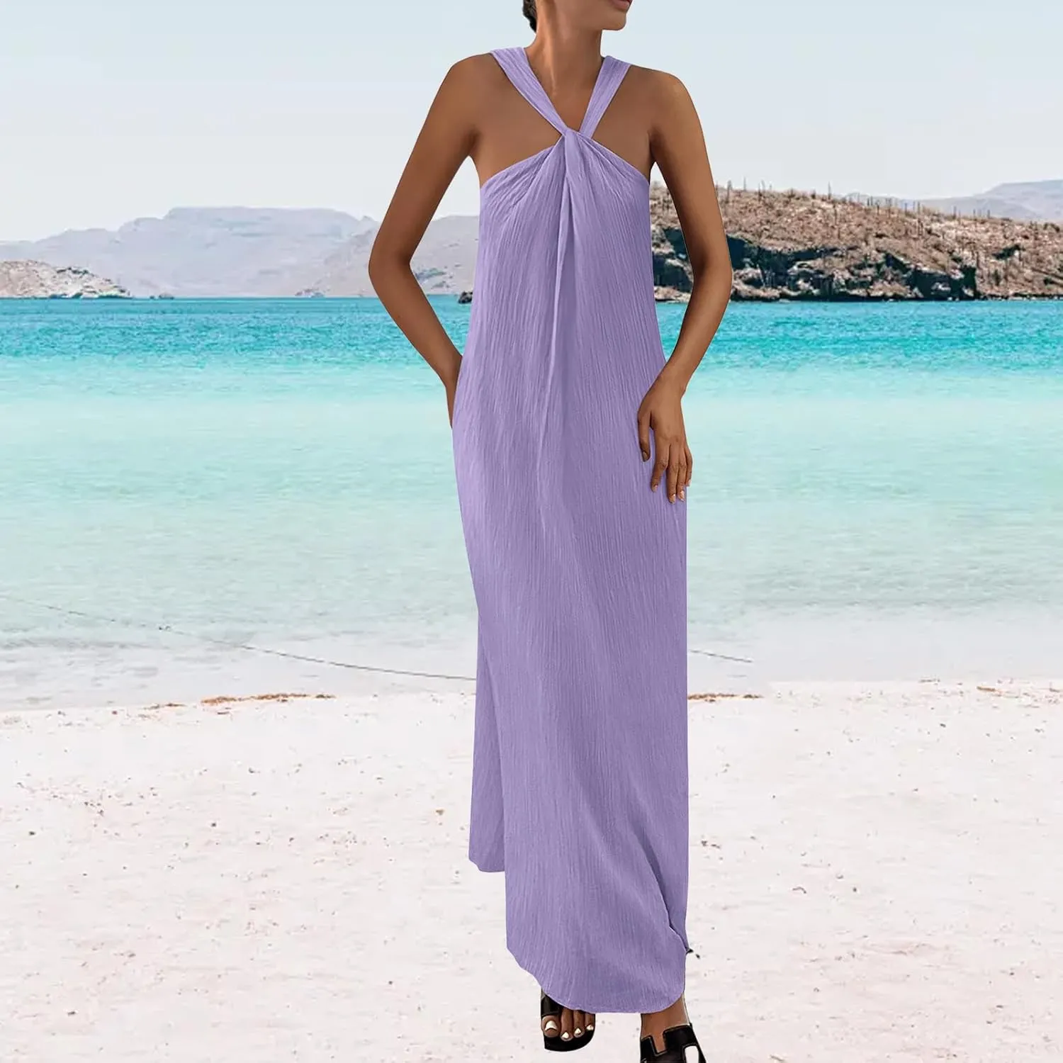 Beach Dress for Women Criss Cross Sleeveless Strappy Dress Casual Summe Flowy Maxi Dresses Loose Halterneck Dresses