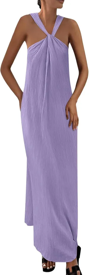 Beach Dress for Women Criss Cross Sleeveless Strappy Dress Casual Summe Flowy Maxi Dresses Loose Halterneck Dresses