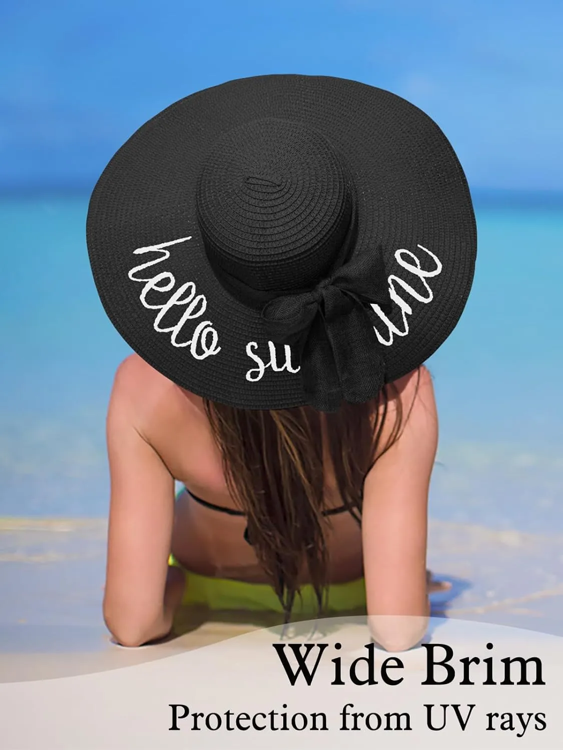 Beach Hats for Women, Floppy Straw Sun Hat Embroidered Wide Brim Foldable for Summer Honeymoon Vacation Travel Cruise UPF 50 