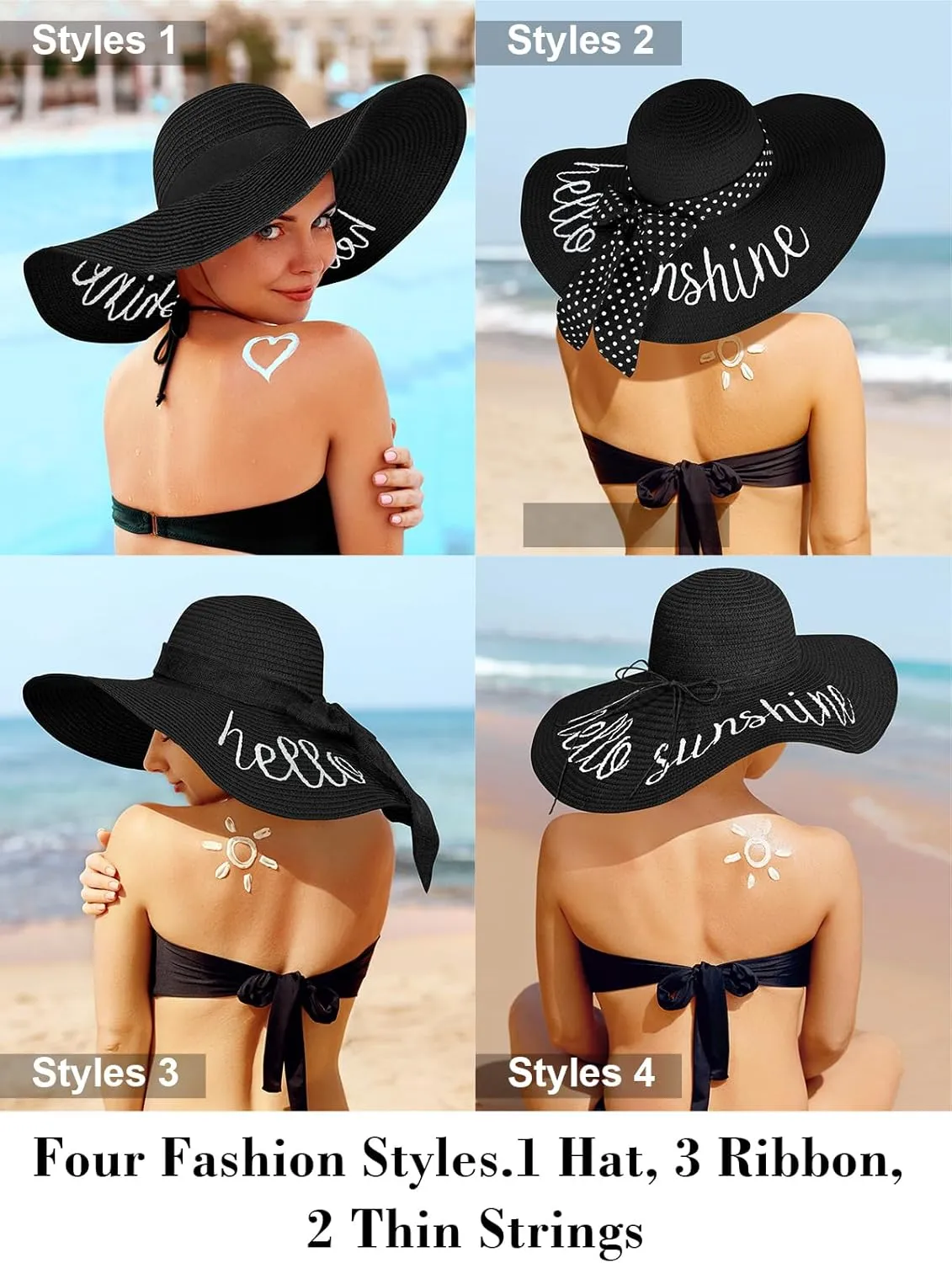Beach Hats for Women, Floppy Straw Sun Hat Embroidered Wide Brim Foldable for Summer Honeymoon Vacation Travel Cruise UPF 50 