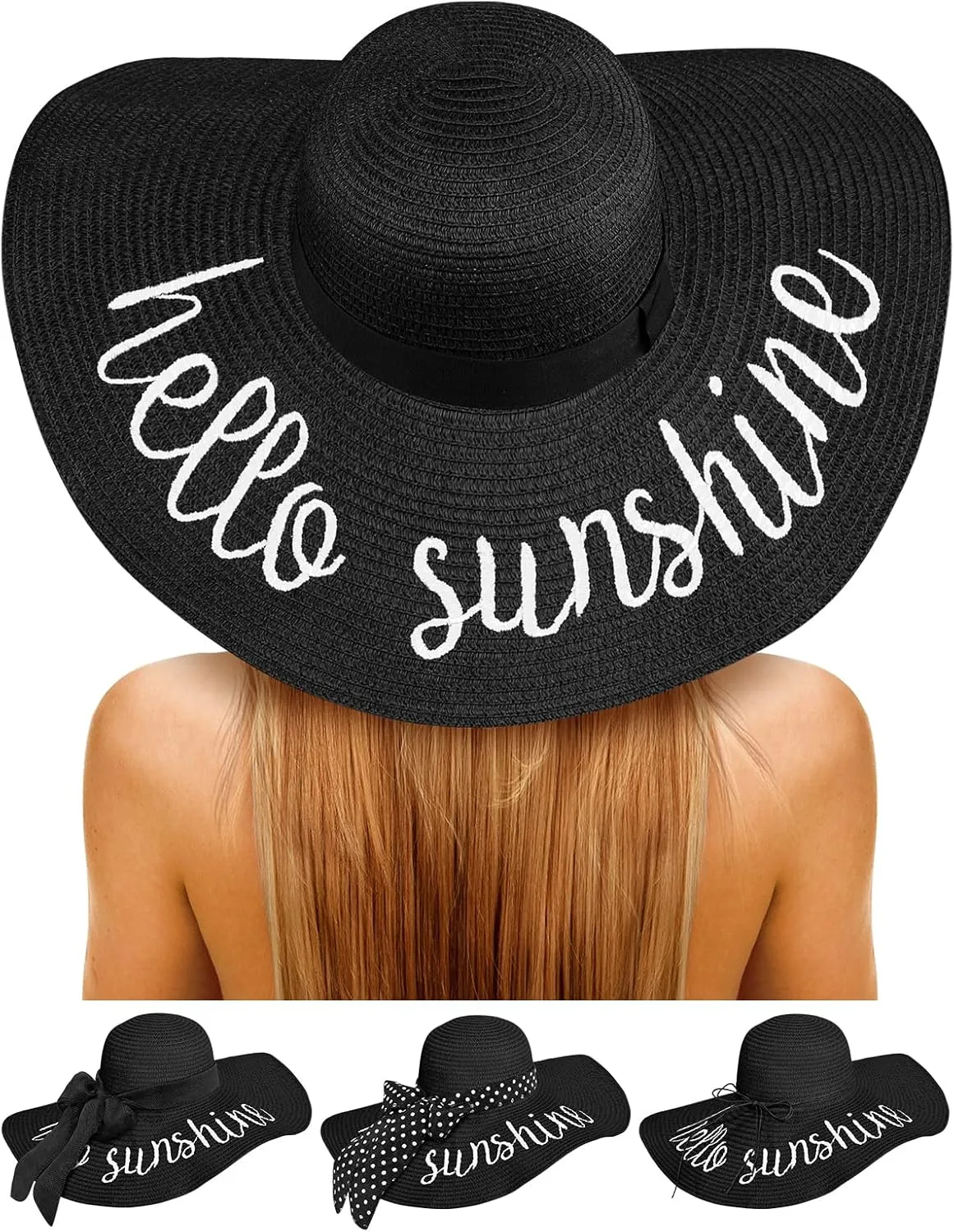 Beach Hats for Women, Floppy Straw Sun Hat Embroidered Wide Brim Foldable for Summer Honeymoon Vacation Travel Cruise UPF 50 