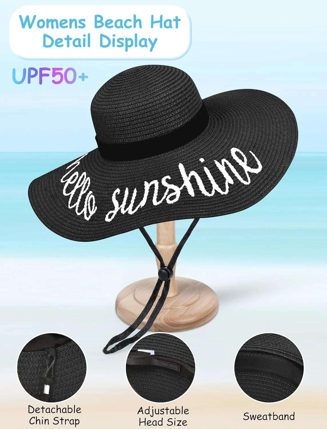 Beach Hats for Women, Floppy Straw Sun Hat Embroidered Wide Brim Foldable for Summer Honeymoon Vacation Travel Cruise UPF 50 