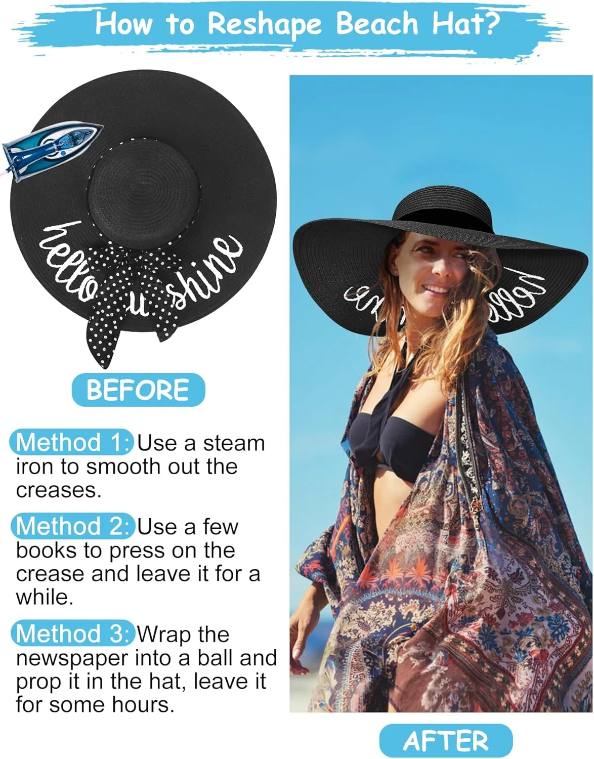 Beach Hats for Women, Floppy Straw Sun Hat Embroidered Wide Brim Foldable for Summer Honeymoon Vacation Travel Cruise UPF 50 