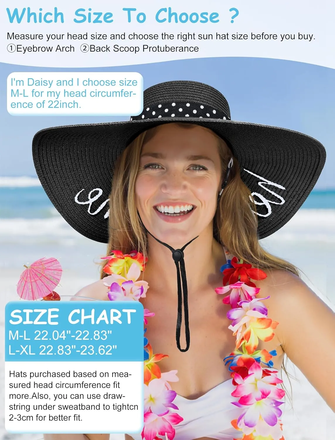 Beach Hats for Women, Floppy Straw Sun Hat Embroidered Wide Brim Foldable for Summer Honeymoon Vacation Travel Cruise UPF 50 