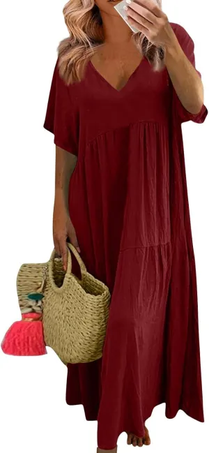 Beach Maxi Dress Cotton Linen Plus Size V Neck Boho Flowy Loose Length Long Dress Dresses for Women Wedding Guest