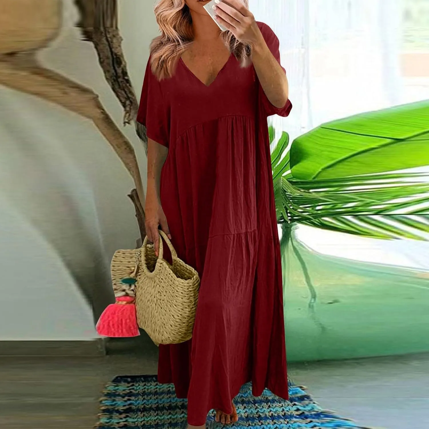Beach Maxi Dress Cotton Linen Plus Size V Neck Boho Flowy Loose Length Long Dress Dresses for Women Wedding Guest