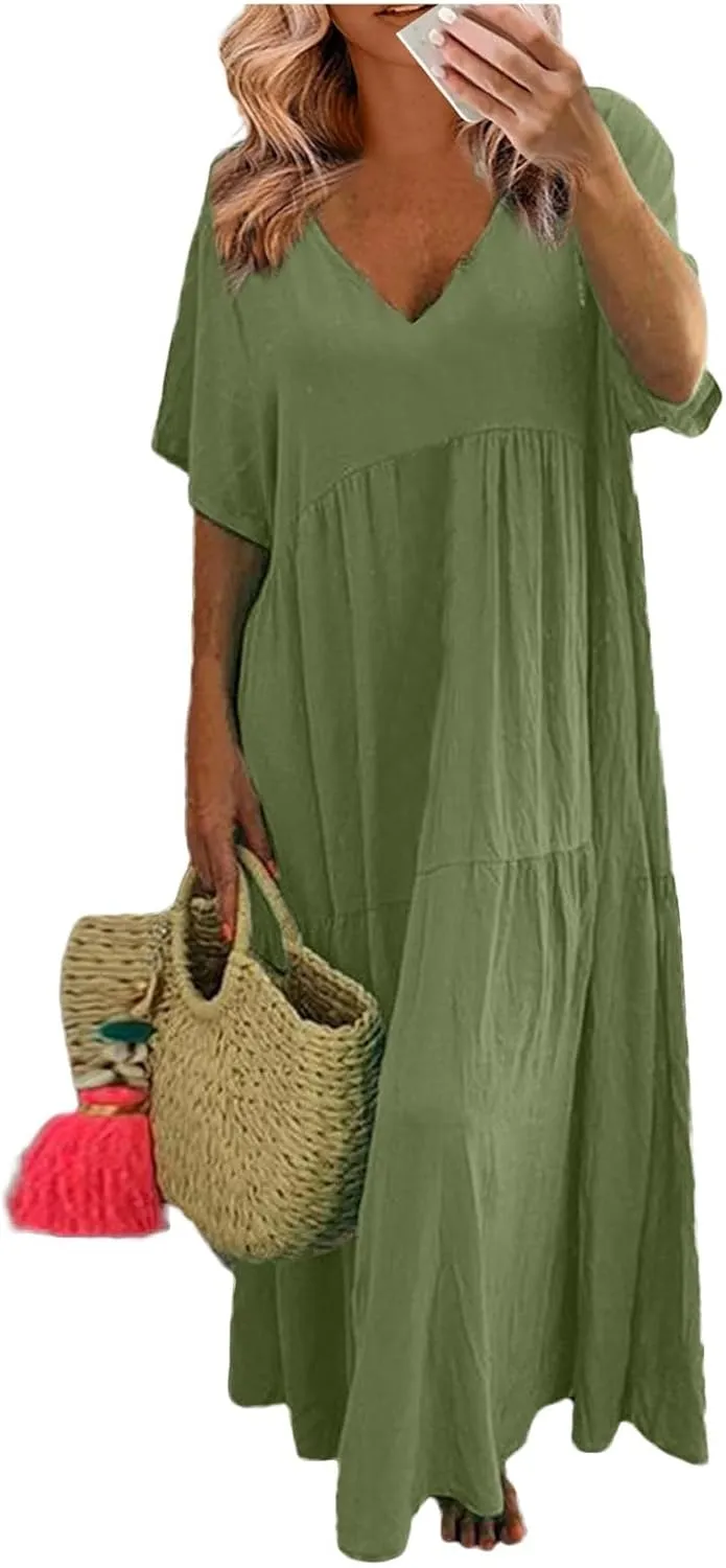 Beach Maxi Dress Cotton Linen Plus Size V Neck Boho Flowy Loose Length Long Dress Dresses for Women Wedding Guest