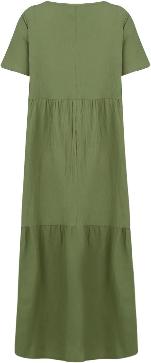 Beach Maxi Dress Cotton Linen Plus Size V Neck Boho Flowy Loose Length Long Dress Dresses for Women Wedding Guest