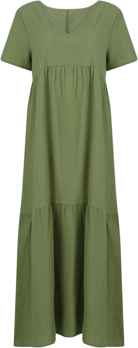 Beach Maxi Dress Cotton Linen Plus Size V Neck Boho Flowy Loose Length Long Dress Dresses for Women Wedding Guest