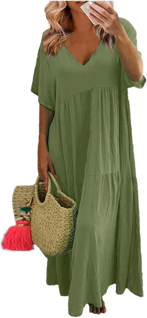 Beach Maxi Dress Cotton Linen Plus Size V Neck Boho Flowy Loose Length Long Dress Dresses for Women Wedding Guest