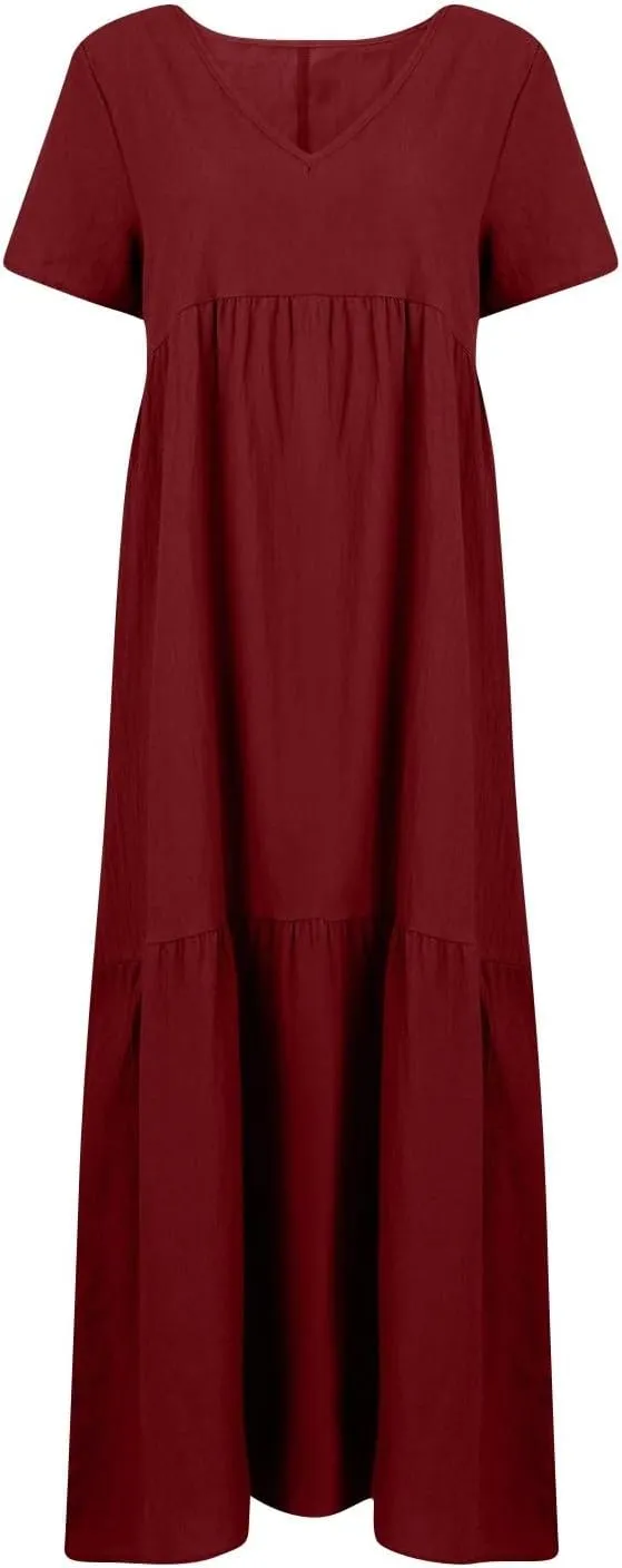 Beach Maxi Dress Cotton Linen Plus Size V Neck Boho Flowy Loose Length Long Dress Dresses for Women Wedding Guest