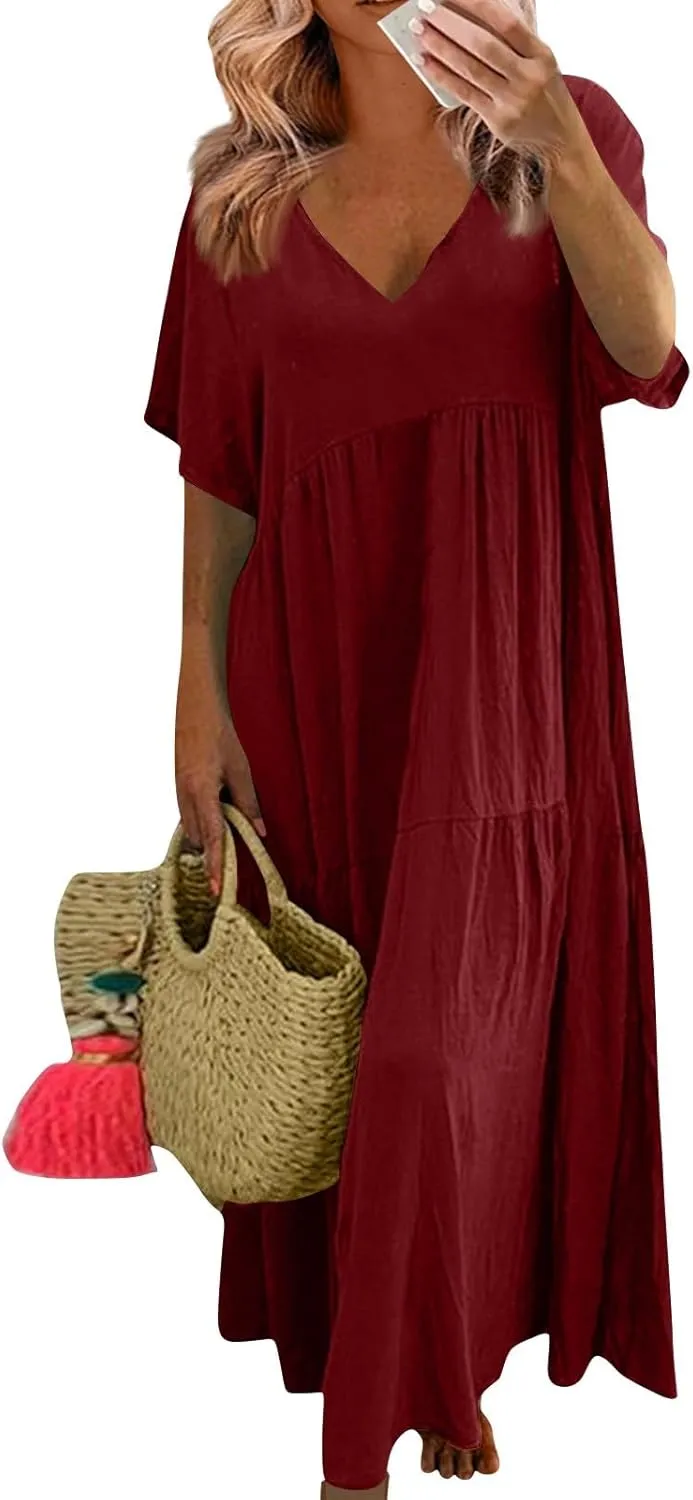 Beach Maxi Dress Cotton Linen Plus Size V Neck Boho Flowy Loose Length Long Dress Dresses for Women Wedding Guest