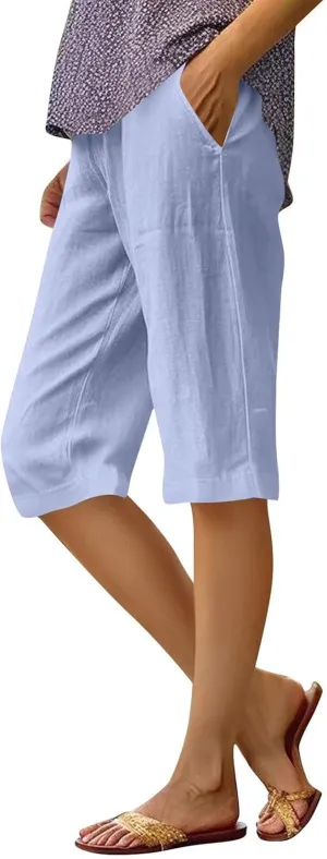Bermuda Drawstring Beach Shorts Wide Leg Linen Shorts Elastic High Waisted Pleated Casual Loose Bermuda Shorts, Large
