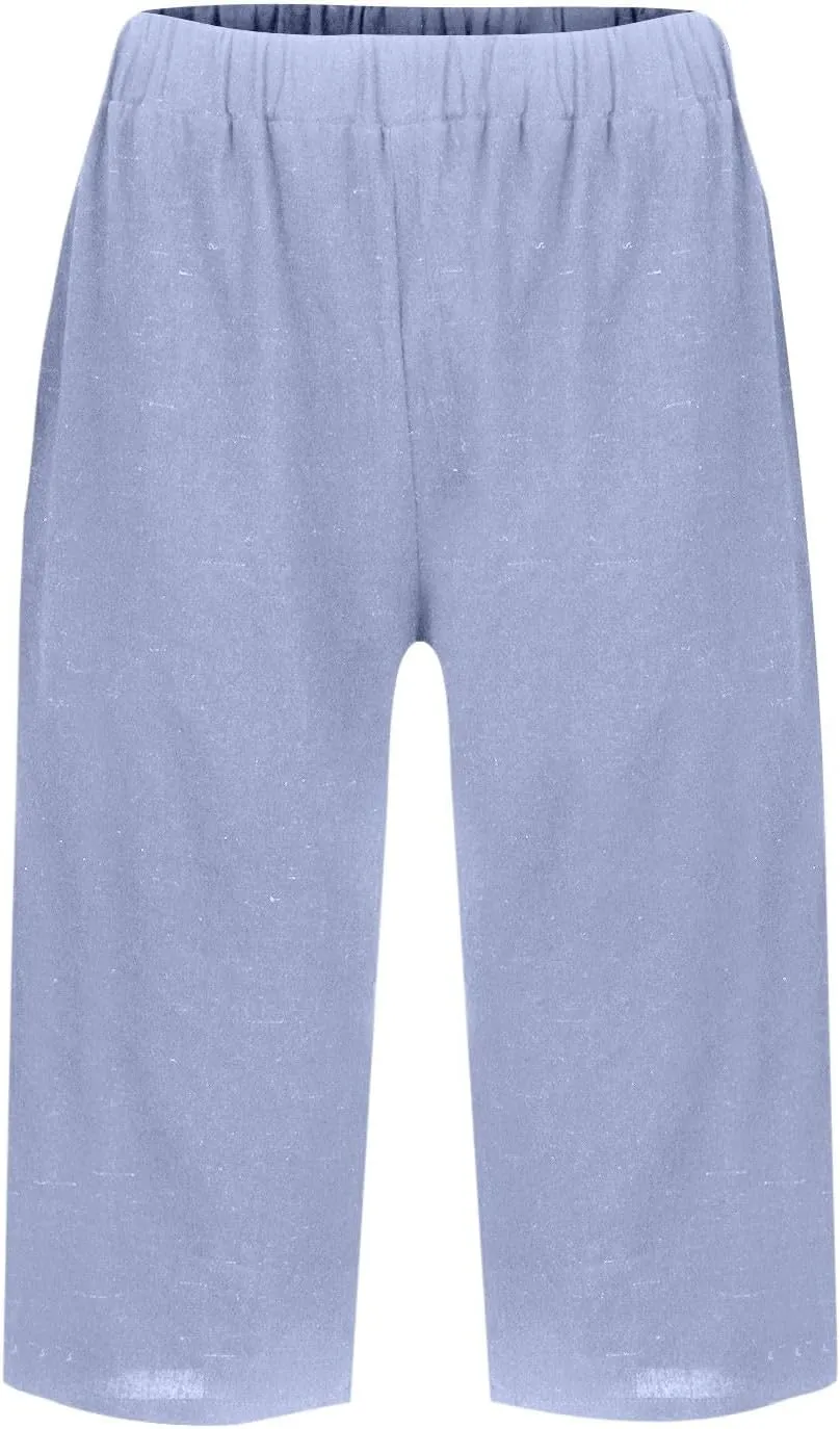 Bermuda Drawstring Beach Shorts Wide Leg Linen Shorts Elastic High Waisted Pleated Casual Loose Bermuda Shorts, Large