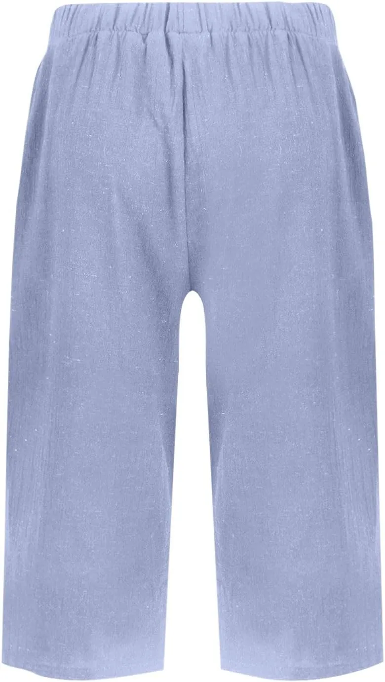 Bermuda Drawstring Beach Shorts Wide Leg Linen Shorts Elastic High Waisted Pleated Casual Loose Bermuda Shorts, Large