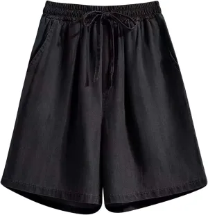 Bermuda Jean Shorts for Women High Waisted Lightweight Comfy Denim Shorts Casual Drawstring Elastic Waist Jean Shorts