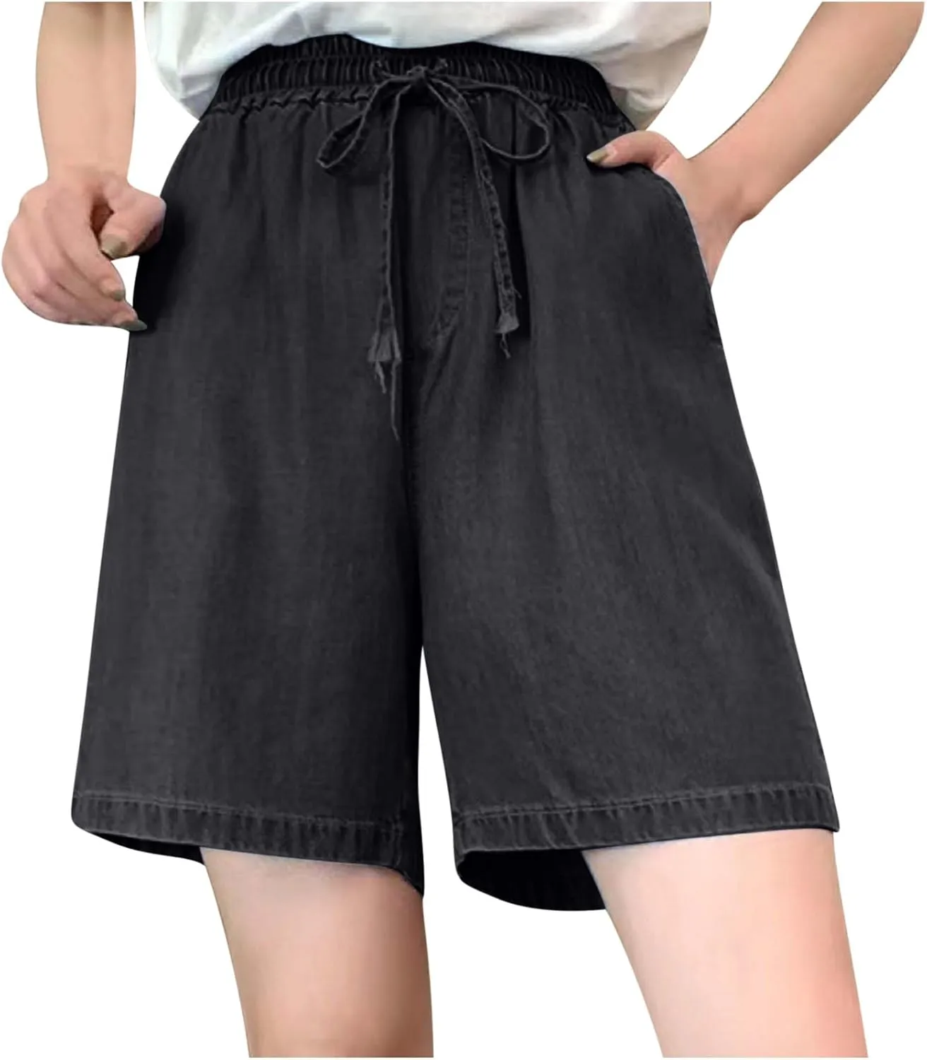Bermuda Jean Shorts for Women High Waisted Lightweight Comfy Denim Shorts Casual Drawstring Elastic Waist Jean Shorts
