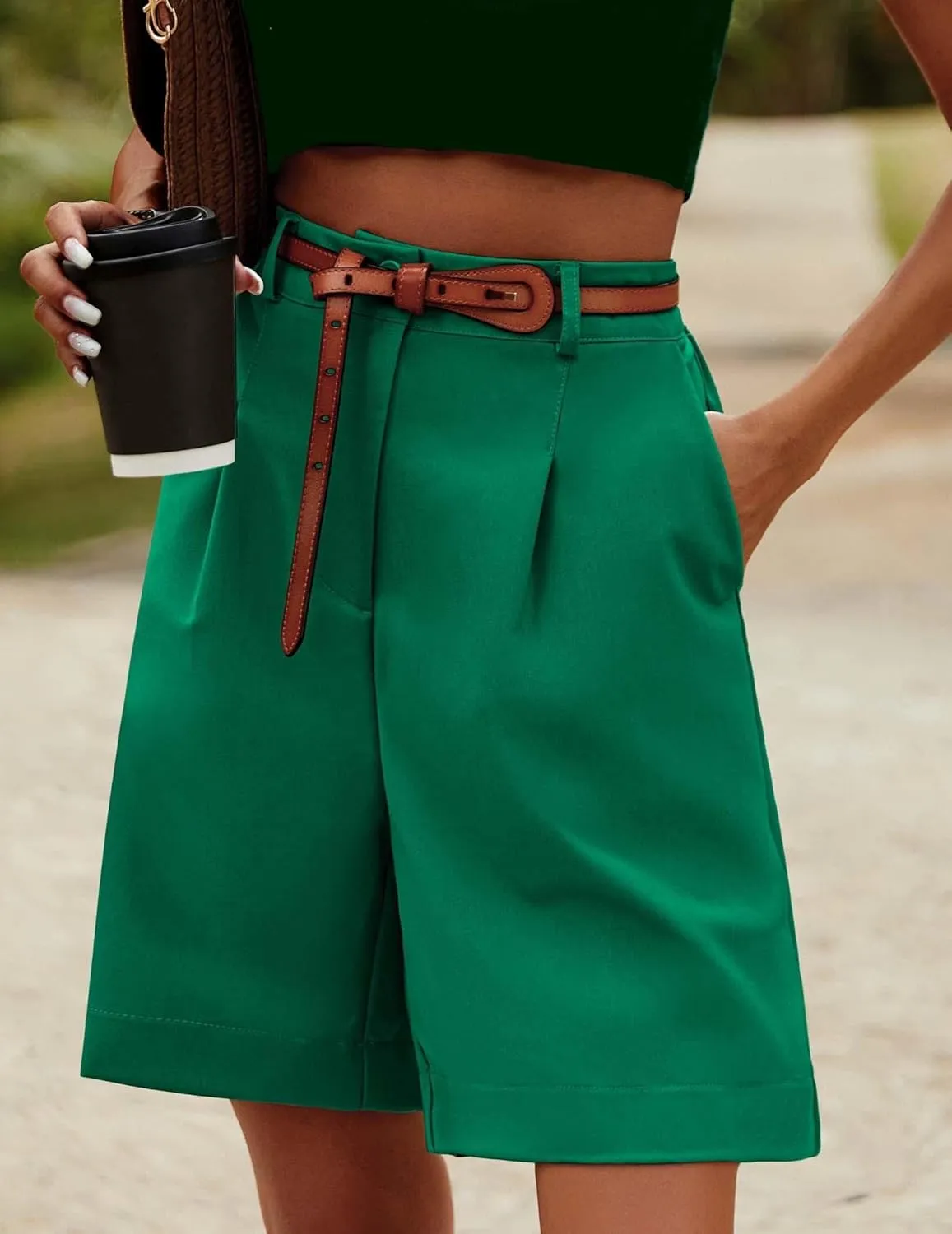 Beyove Shorts for Women Bermuda Shorts Casual Elastic High Waisted Wide Leg Shorts Knee Length Summer Shorts with Pockets