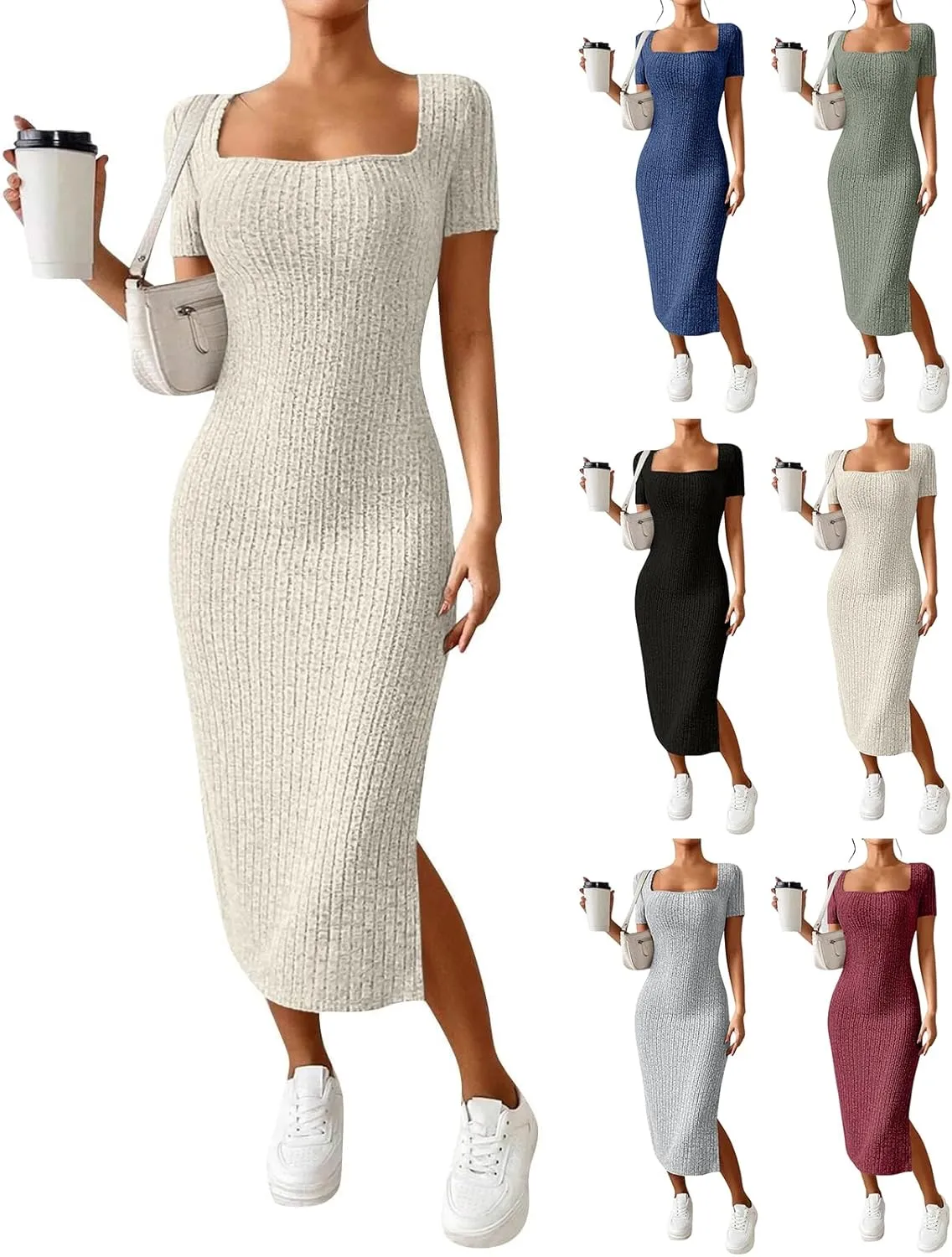 Bodycon Dresses for Women Knit Square Neck Short Sleeve Midi Dress Summer Side Slit Party Homecoming Dresses