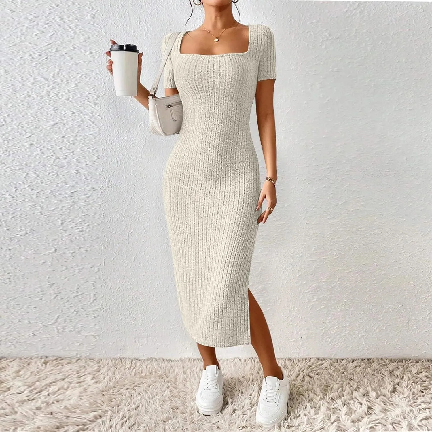 Bodycon Dresses for Women Knit Square Neck Short Sleeve Midi Dress Summer Side Slit Party Homecoming Dresses