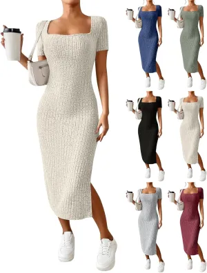 Bodycon Dresses for Women Knit Square Neck Short Sleeve Midi Dress Summer Side Slit Party Homecoming Dresses
