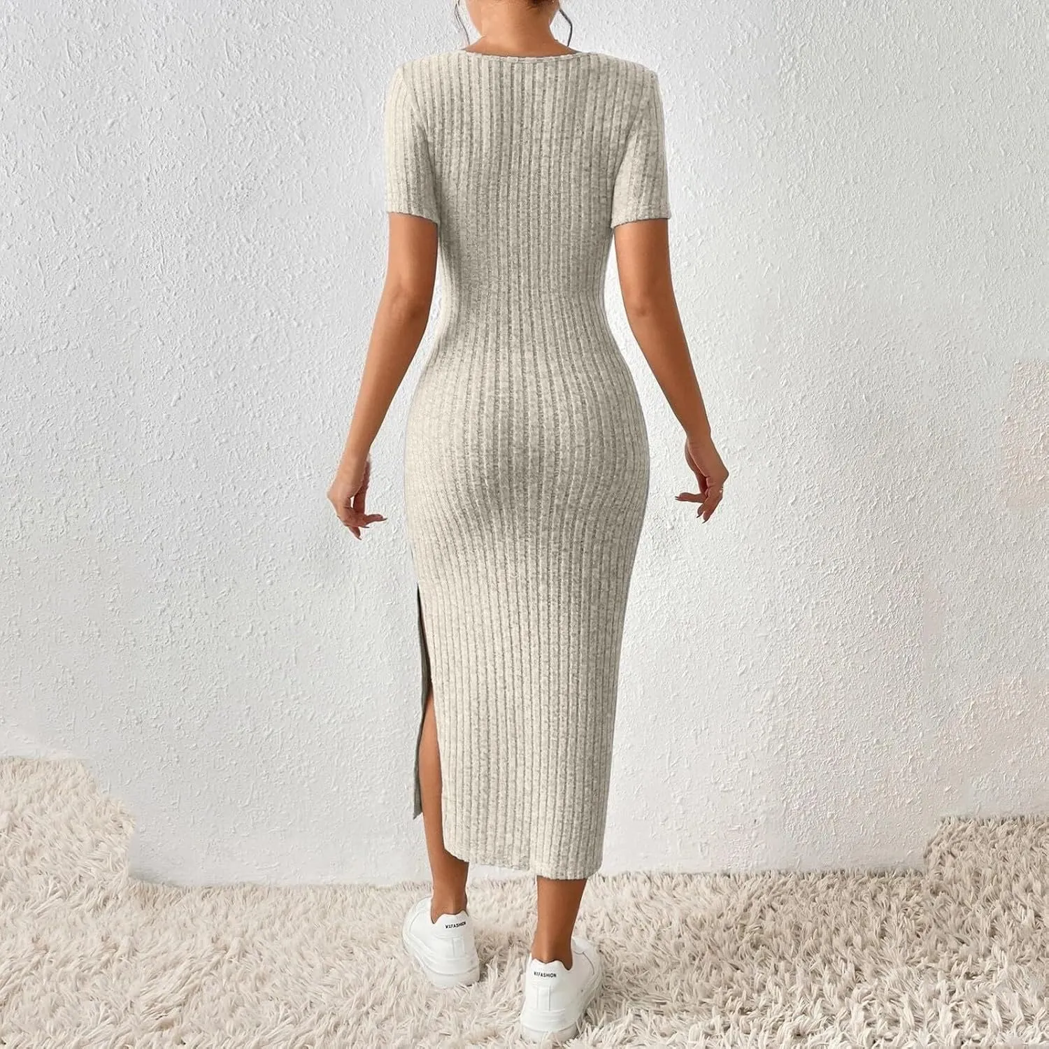 Bodycon Dresses for Women Knit Square Neck Short Sleeve Midi Dress Summer Side Slit Party Homecoming Dresses